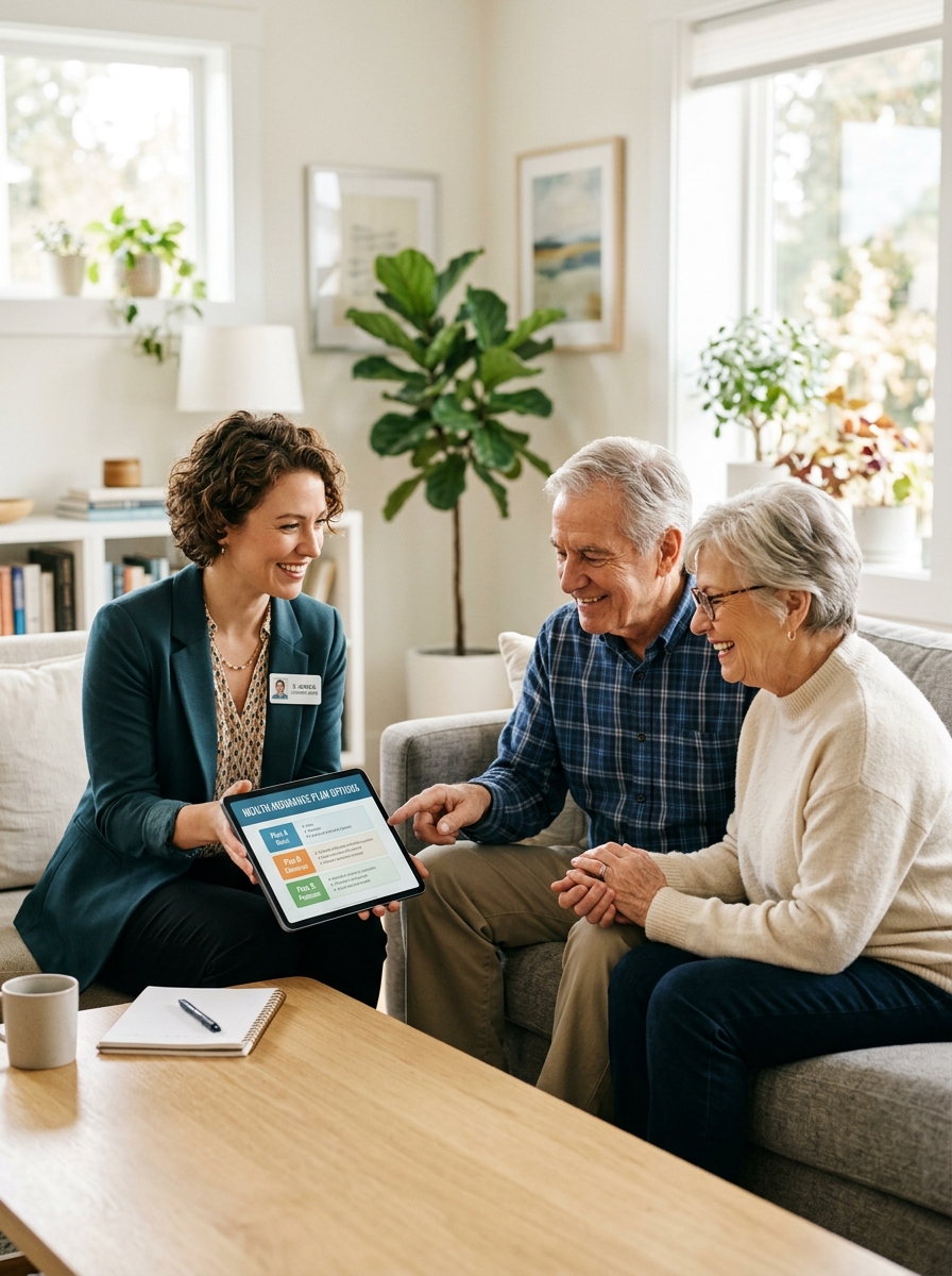 Licensed benefits agent assisting a senior couple with health insurance plans