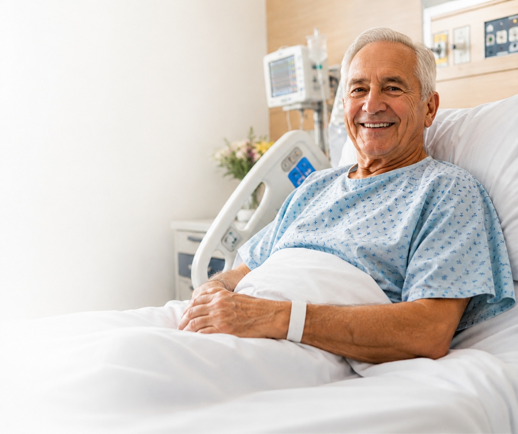 Smiling senior man sitting up in a hospital bed